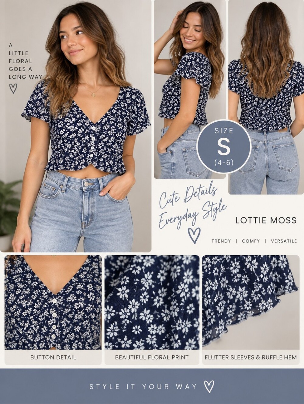 Lottie moss women's small blue floral button crop top #31
